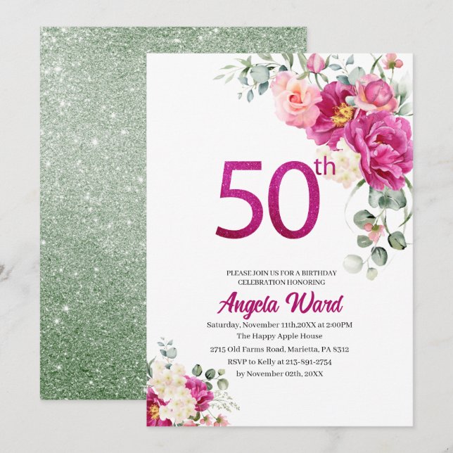 Elegant birthday celebration  floral glitter 50th invitation (Front/Back)