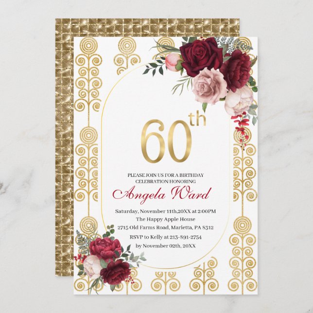 Elegant birthday celebration  floral glitter 60th  invitation (Front/Back)