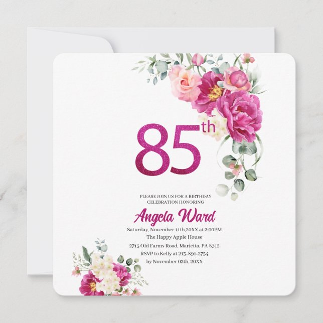 Elegant birthday celebration  floral glitter 85th  invitation (Front)
