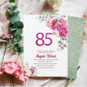 Elegant birthday celebration floral glitter 85th invitation