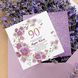 Elegant birthday celebration floral glitter 90 th invitation