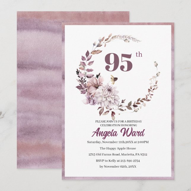 Elegant birthday celebration  floral glitter 95th  invitation (Front/Back)