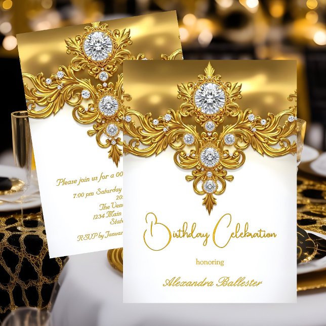 Elegant Birthday Celebration White Gold Diamonds Invitation (Creator Uploaded)
