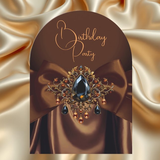Elegant Birthday Chocolate Caramel Gold Jewel Bow Invitation (Creator Uploaded)