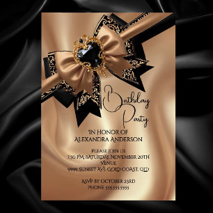Elegant Birthday Coffee Gold Black Brocade Bow Gem Invitation