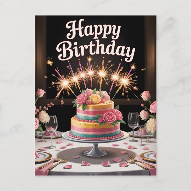 Elegant Birthday Dinner Table with Cake  Postcard (Front)