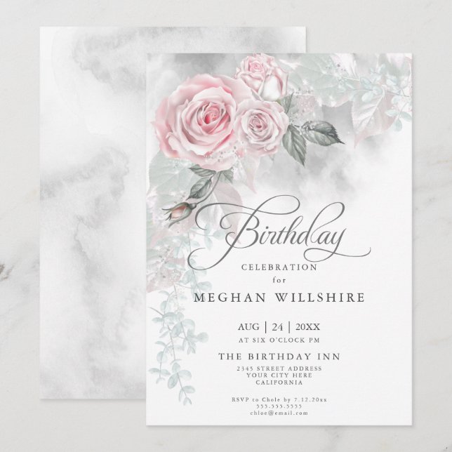 Elegant Birthday  Elegant Watercolor Pink Roses Invitation (Front/Back)