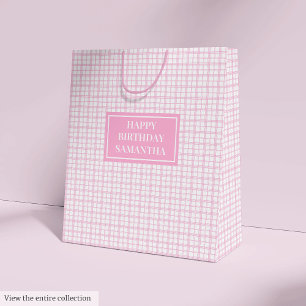 Elegant Birthday Gift Bag Monogram Pink Tartan