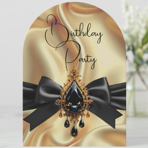 Elegant Birthday Gold Black Jewel Bow Invitation