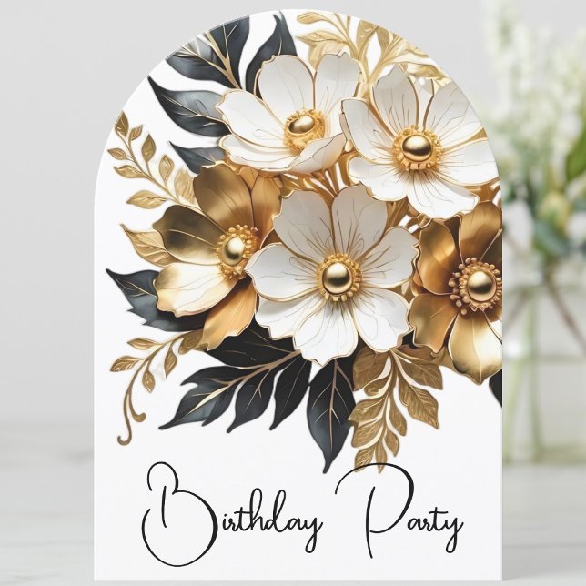 Elegant Birthday Gold Black White Flowers Invitation (Creator Uploaded)