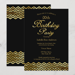 Elegant Birthday Gold Shimmer Chevron stripe Black Invitation