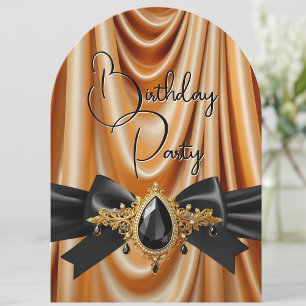 Elegant Birthday Gold Silk Jewel Bow Black Invitation