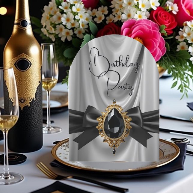 Elegant Birthday Grey Gold Black Jewel Bow Invitation (Creator Uploaded)