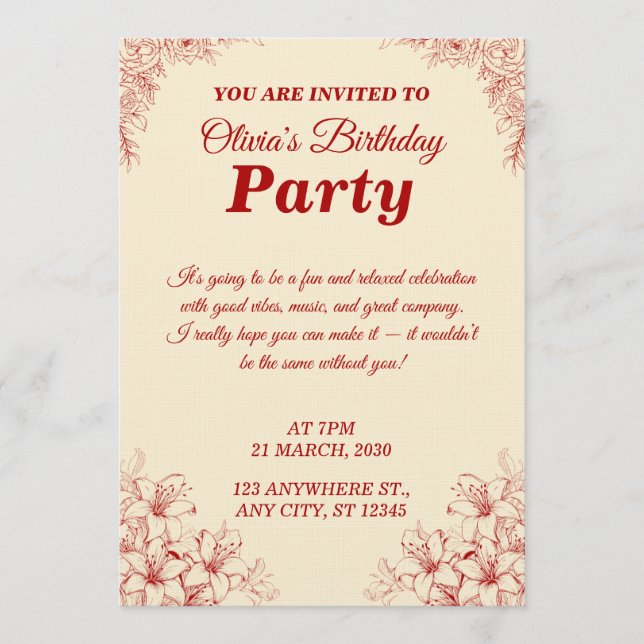 Elegant Birthday Invitation Card – Custom Floral D (Front)