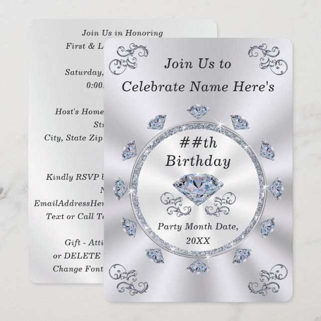 Elegant, Birthday Invitations for Adults, ANY YEAR (Front/Back)