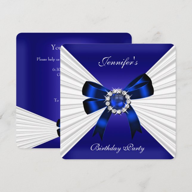 Elegant Birthday Invite Royal Blue Jewel White 2 (Front/Back)