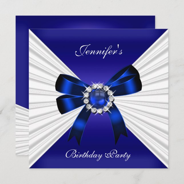 Elegant Birthday Invite Royal Blue Jewel White 2 (Front/Back)