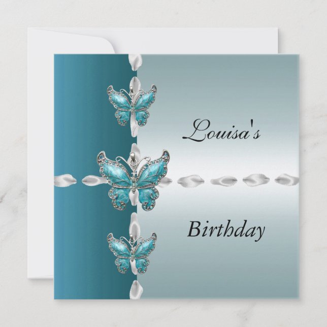 Elegant Birthday Invite Teal Blue Butterfly (Front)