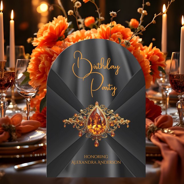 Elegant Birthday Orange gold Black Jewel Faux Silk Invitation (Creator Uploaded)
