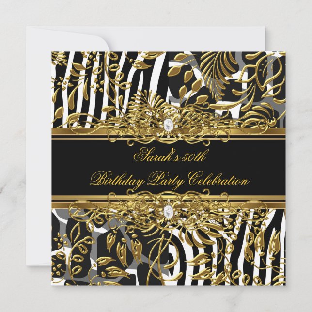 Elegant Birthday Party Animal Black Gold Damask Invitation (Front)