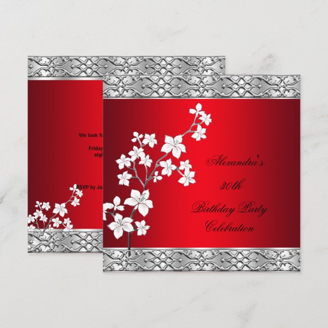 Elegant Birthday Party Asian Red Floral Silver Invitation (Front/Back)