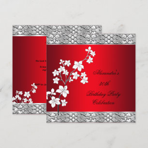 Elegant Birthday Party Asian Red Floral Silver Invitation