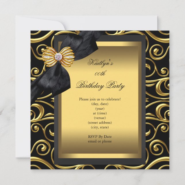 Elegant Birthday Party Black Damask Gold Invitation (Front)