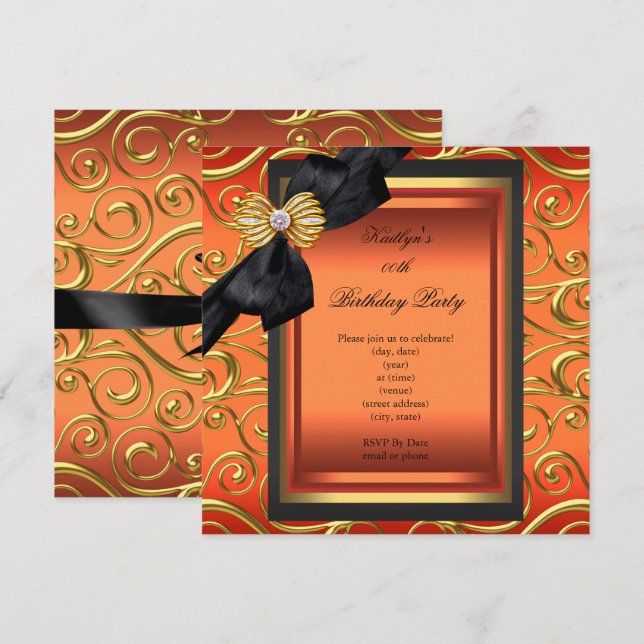 Elegant Birthday Party Black Damask Orange Gold Invitation (Front/Back)