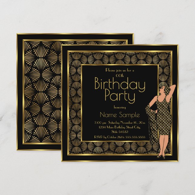 Elegant Birthday Party Black Gold Art Deco Lady 2 Invitation (Front/Back)