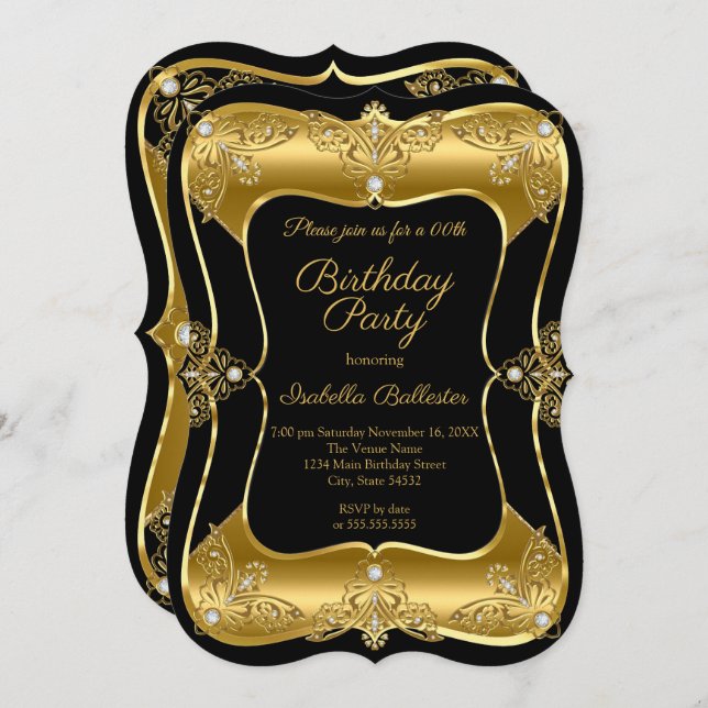 Elegant Birthday Party Black Gold Elite Diamond 3 Invitation (Front/Back)