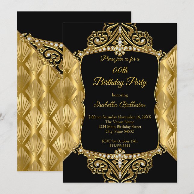 Elegant Birthday Party Black Gold Faux Diamond Invitation (Front/Back)