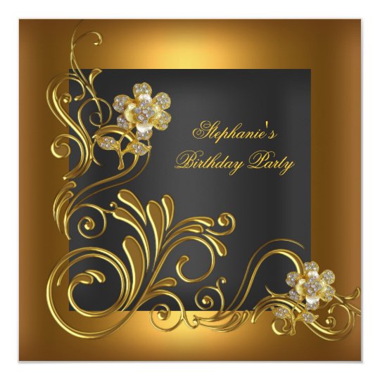 Elegant Birthday Party Black Gold Flower Card