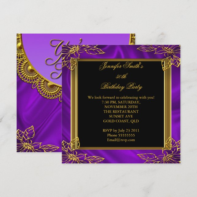 Elegant Birthday Party Black Purple Gold Invitation (Front/Back)
