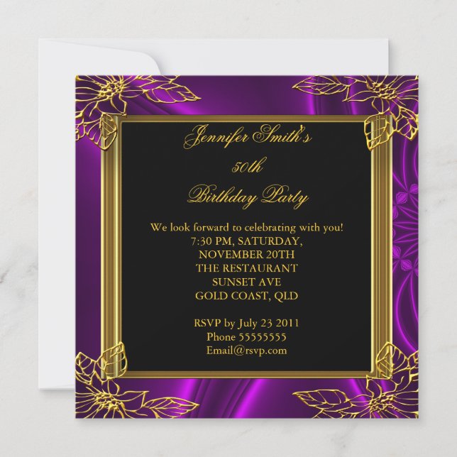 Elegant Birthday Party Black Purple Gold Invitation (Front)