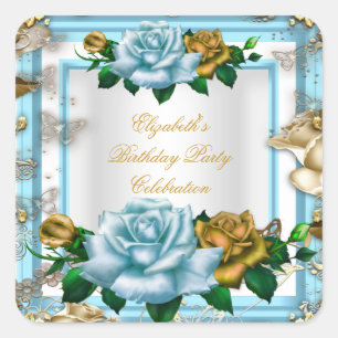 Elegant Birthday Party Blue Roses White Gold Cream Square Sticker