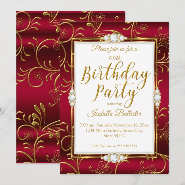 Elegant Birthday Party Burgundy Red Gold Diamond  Invitation (Front/Back)