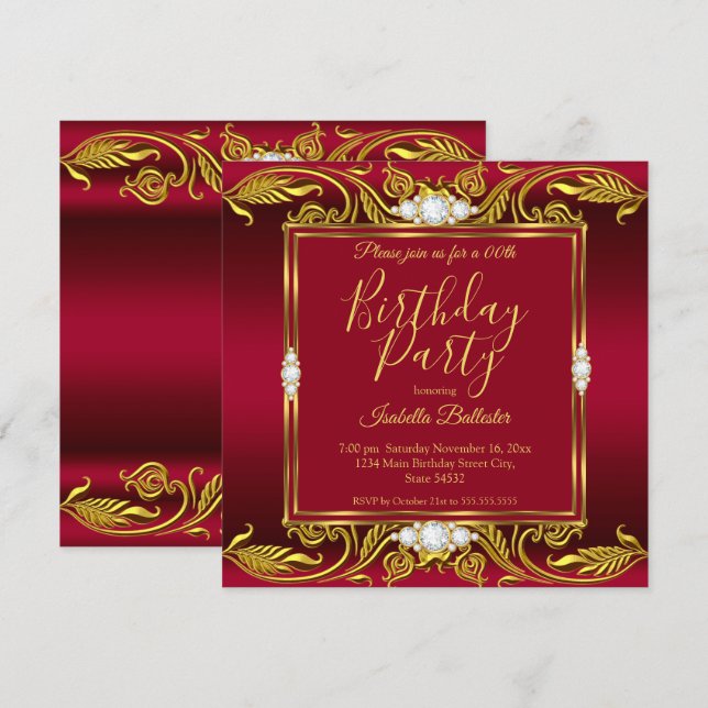 Elegant Birthday Party Burgundy Red Gold Jewels sq Invitation (Front/Back)