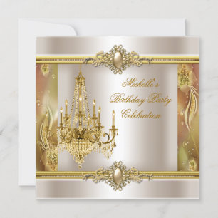 Elegant Birthday Party Cream Gold Pearl Chandelier Invitation