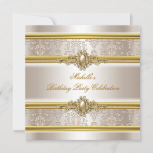 Elegant Birthday Party Damask Cream Gold Pearl Invitation