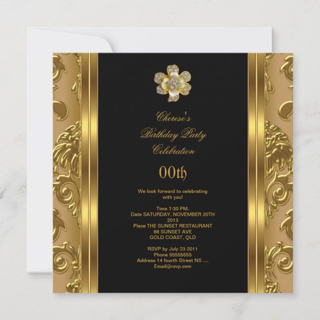 Elegant Birthday Party Damask Gold Diamond Black 3 Invitation (Front)