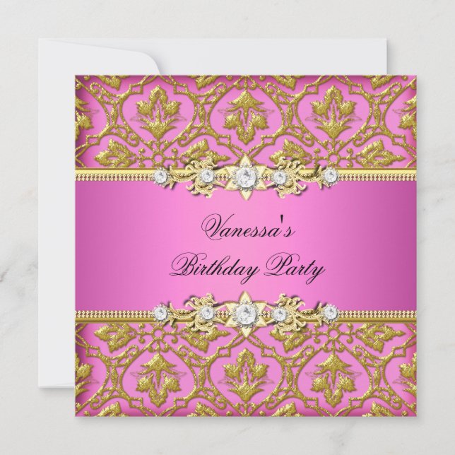 Elegant Birthday Party Damask Pink Gold Invitation (Front)