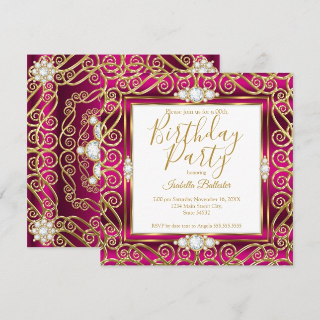 Elegant Birthday Party Deep Pink Gold Diamond Gem Invitation (Front/Back)