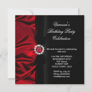 Elegant Birthday Party Deep Red Silk Black 2 Invitation