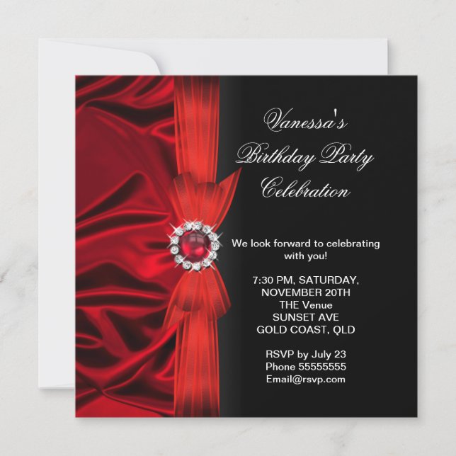 Elegant Birthday Party Deep Red Silk Black 3 Invitation (Front)
