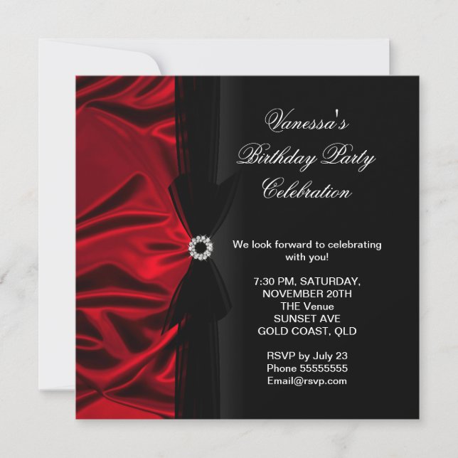Elegant Birthday Party Deep Red Silk Black Invitation (Front)