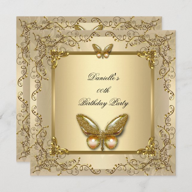 Elegant Birthday Party Gold Beige Butterfly Invitation (Front/Back)