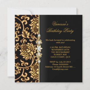 Elegant Birthday Party Gold Black Brocade Invitation