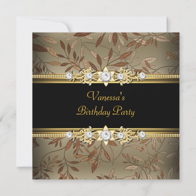 Elegant Birthday Party Gold Black Floral Brown Invitation (Front)