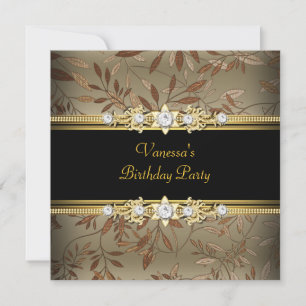 Elegant Birthday Party Gold Black Floral Brown Invitation
