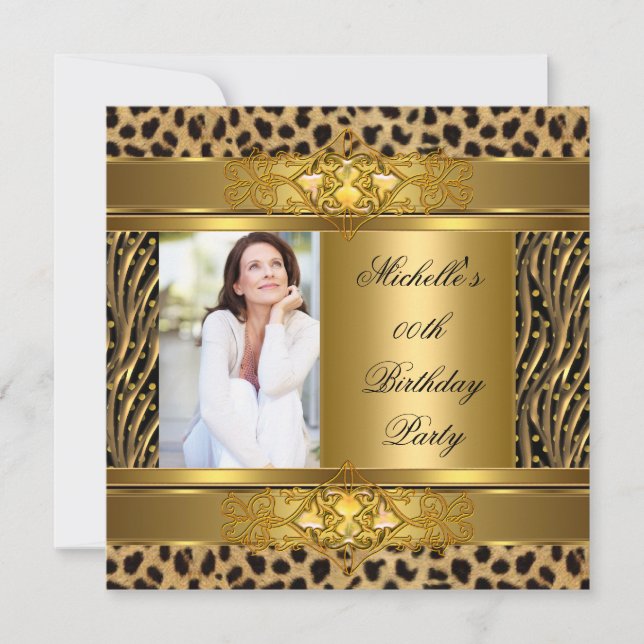 Elegant Birthday Party Gold Black Zebra Leopard Invitation (Front)
